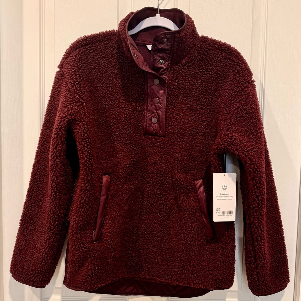 NWT Athleta Cozy Sherpa Pull Over Snap Sweater Pockets. Maroon